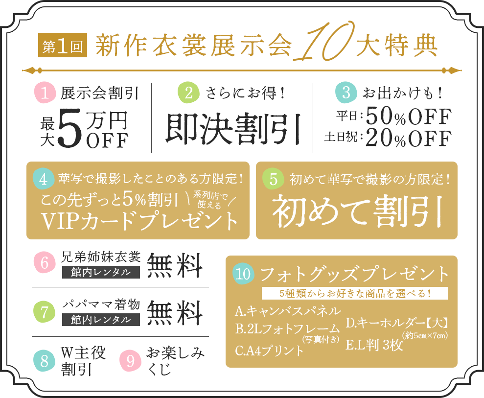 新作衣裳展示会10大特典①展示会割引②即決割引③お出かけ割引④VIPカードプレゼント⑤初めて割引⑥兄弟姉妹衣裳館内レンタル無料⑦パパママ着物館内レンタル無料⑧W主役割引⑨お楽しみくじ⑩フォトグッズプレゼント